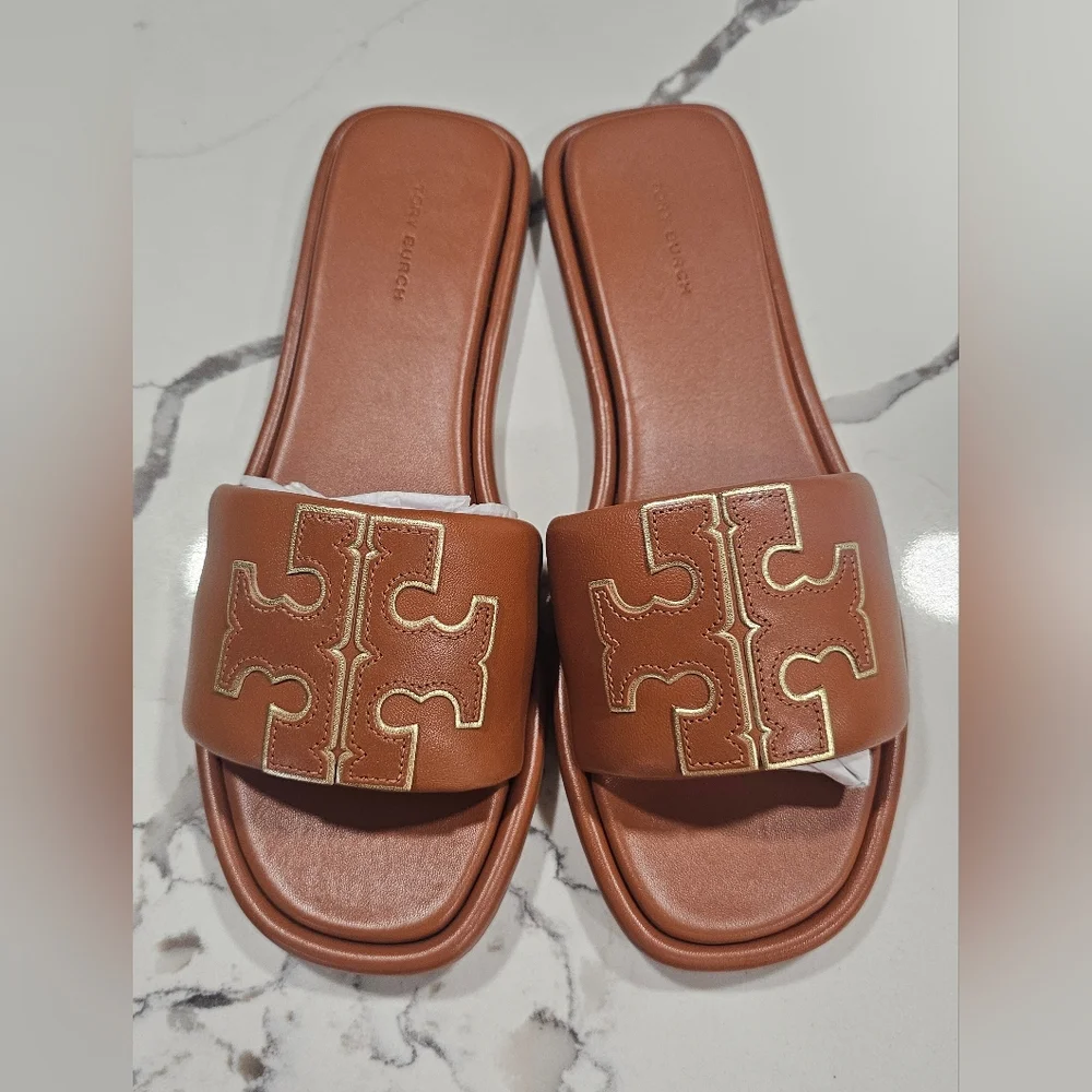 Tory Burch Women's Double T Sport Slides Bourbon Miele Gold Size 9 New - Picture 2 of 9